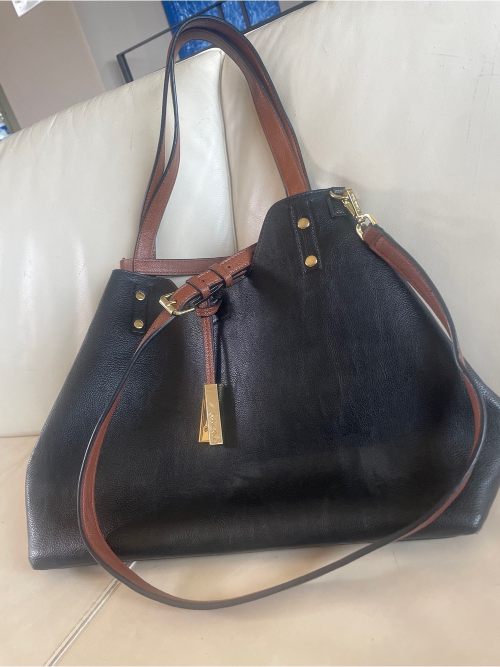 🖤🤎 Calvin Klein REVERIBLE Black and Brown Faux Leather Tote Bag w/ Gold Hardware